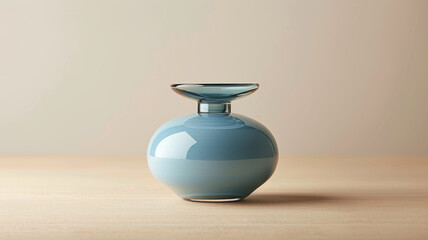 Blue glass vase on a wooden surface, minimalist design.