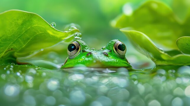 The frog's face is in the water.