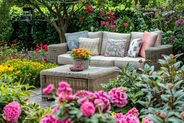 Elegant Garden Setting with Outdoor Sofa and Flowers, Perfect for Entertaining or Relaxation