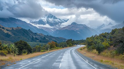 Naklejka premium Asphalt highway road and green meadow with mountain nature landscape generated