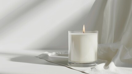 White candle in clear glass on white backdrop mockup