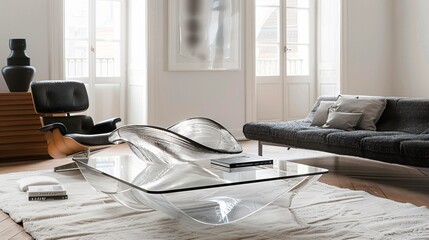 A modern living room with a large, wavy glass sculpture as the centerpiece on a sleek coffee table, surrounded by minimalist furniture