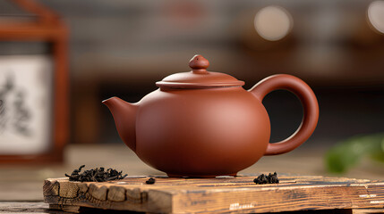 Traditional Chinese Yixing clay teapot with oolong tea, showcasing cultural elegance and simplicity.
