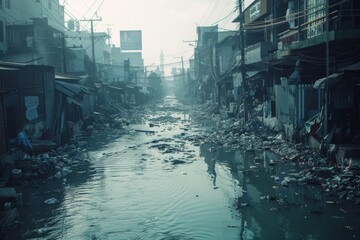 Urban Pollution and Overpopulation: Heavily Polluted River in a Densely Populated City Environment Concept