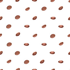 Seamless pattern with coffee beans on a white background. Watercolor illustration of coffee beans for wrapping paper, coffee shops, fabric printing.