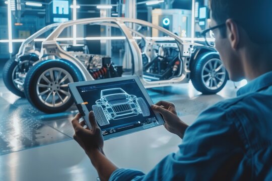 Man holding tablet with car blueprint