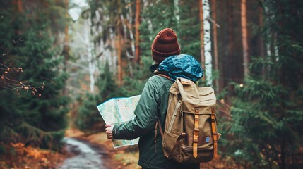 Naklejka premium A person standing at a crossroads in a forest, holding a map and a backpack, viewed from behind with no face visible