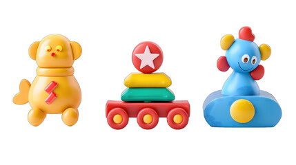 Fototapeta premium Three toy animals are sitting on a white background, isolated on transparent background, PNG format.