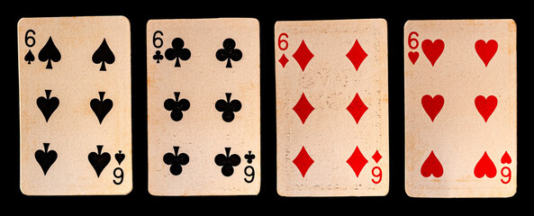 six cards full set of vintage old real poker cards with aces kings jacks  and jokers and numbers all suits black background 