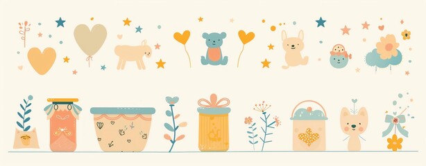 Fototapeta premium Baby shower template with cute graphics and clear content areas