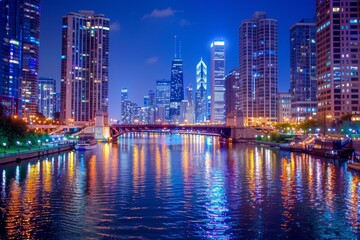 Obraz premium Nighttime City Riverfront with Illuminated Bridges and Reflecting Skyline