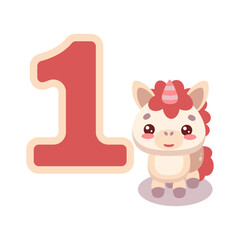 Figure 1 with a cute cartoon unicorn. Educational figurines, children's anniversary, home or kindergarten decoration with cartoon vector illustration