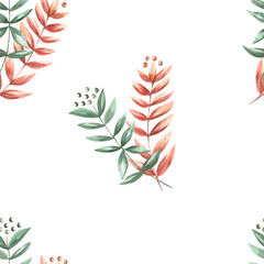 Seamless pattern of branches in watercolor illustration on a white background. Hand drawn drawing of branches for wallpaper, printing on fabric, linen, packaging