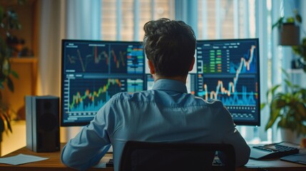 An investor analyzing data on a desktop computer, with graphs and figures on the screen, viewed from behind