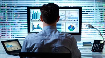 An investor analyzing data on a desktop computer, with graphs and figures on the screen, viewed from behind