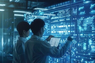 Professionals analyzing data on digital screen