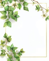 Obraz premium Elegant blank frame adorned with green leaves and flowers, perfect for invitations, announcements, or artistic projects.