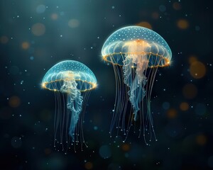 Beautiful glowing jellyfish floating gracefully in the dark ocean, surrounded by ethereal light and shimmering particles.