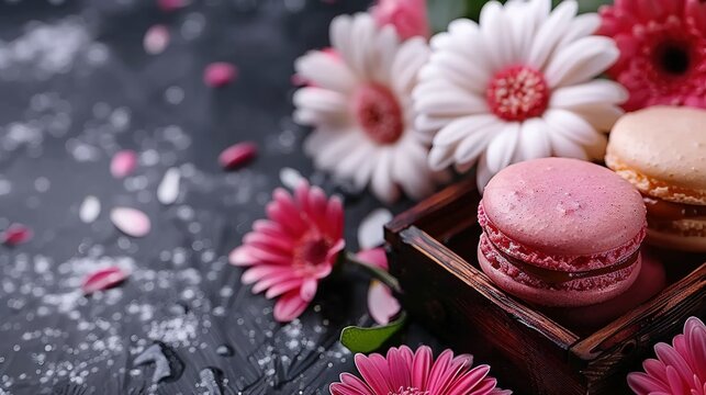   A box filled with pink and white macaroons next to a bouquet of pink and white geranias