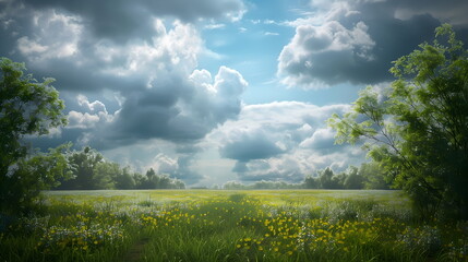 Nature scene field with green grass on a cloudy day summer heat hot day Ai generated