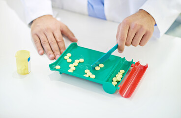 Hands, pharmacist and counting pills with container, inspection and prescription for healthcare. Person, drugs and medicine with plastic bottle, pharmaceutical product and supplements for wellness