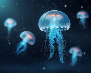 Fluorescent jellyfish floating in the dark ocean, glowing tentacles creating patterns, close up, marine theme, ethereal, overlay, deep sea backdrop