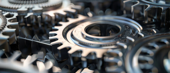 Fototapeta premium Close-up of interlocking metallic gears, showcasing the complexity and precision of mechanical engineering with intricate teeth and polished surfaces.