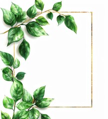 Naklejka premium Elegant botanical frame with green leaves and gold outline on white background, ideal for invitations, cards, and nature-themed designs.