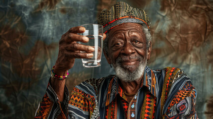 Obraz premium black old man is holding a glass of pure water