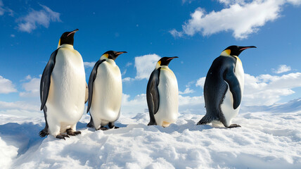 Obraz premium A group of emperor penguins on the snow with a blue sky background