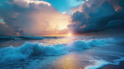 Sunset on the seashore, foam waves, natural wallpaper, banner.