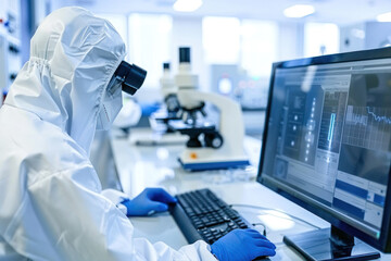 Scientist examining data on computer in lab