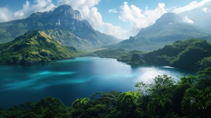 Obraz premium Blue lake in the middle of the mountains, natural wallpaper,