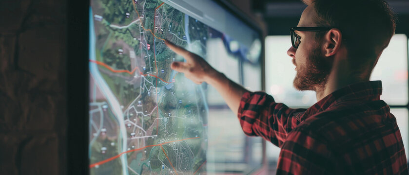 A man, wearing a flannel shirt and glasses, uses a digital touch screen displaying a detailed map, indicating advanced technology and navigation.