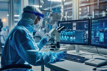 Scientist examining samples under microscope