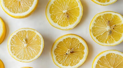   A collection of sliced leons positioned atop a white kitchen surface, with water drops perched above