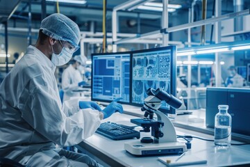 Scientist using microscope and computer technology