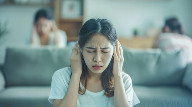 Living Room Dispute: Photograph the emotional exchange in the living room where the offended Asian girl stands with her eyes closed, covering her ears to avoid hearing her mother's scolding.