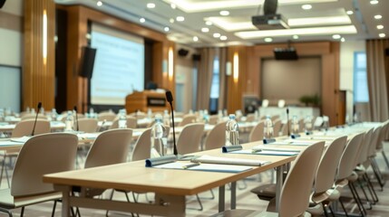 A conference room with tables and chairs set up for a meeting or presentation. There are microphones on the tables and water bottles placed in front of each seat.