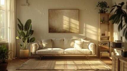 A cozy and inviting living room with minimalistic furniture, highlighted by a comfortable sofa and an open, airy layout perfect for copy space.