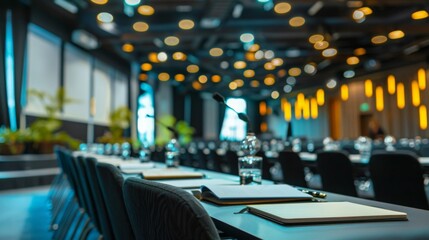 This image shows a conference room setup with chairs, tables, and notepads. The room is lit by overhead lights, creating a bright and professional atmosphere.