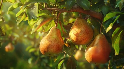Ripe pears on a tree in a sunny orchard