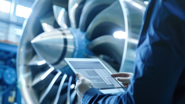 Tablet with data in front of jet engine
