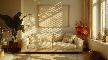 A minimal and cozy living room, showcasing a comfortable sofa and a clean, open layout with plenty of space for text or design additions.