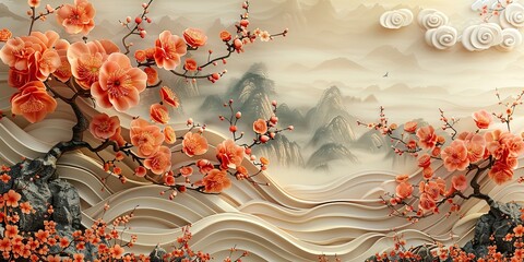gold cherry blossom with geometric pattern in a floral wave and cloud seamless background.image illustration