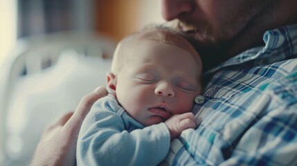 Safe Haven: Illustrate the feeling of safety and protection as the newborn baby boy is cradled in his father's arms, finding comfort and security in his embrace within the hospital environment. 