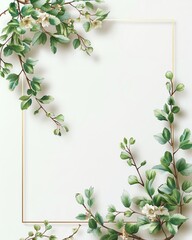 Naklejka premium Elegant floral frame with green leaves and white flowers on a white background, perfect for invitations, greetings, and decorative purposes.