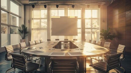 Fototapeta premium An empty conference room with a large oval table surrounded by chairs. The room is bathed in sunlight streaming through large windows.