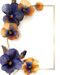 Elegant floral frame with vibrant purple and orange pansies on white background, perfect for invitations and greeting cards.
