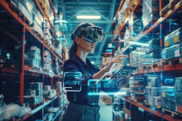Technician with futuristic interface in warehouse